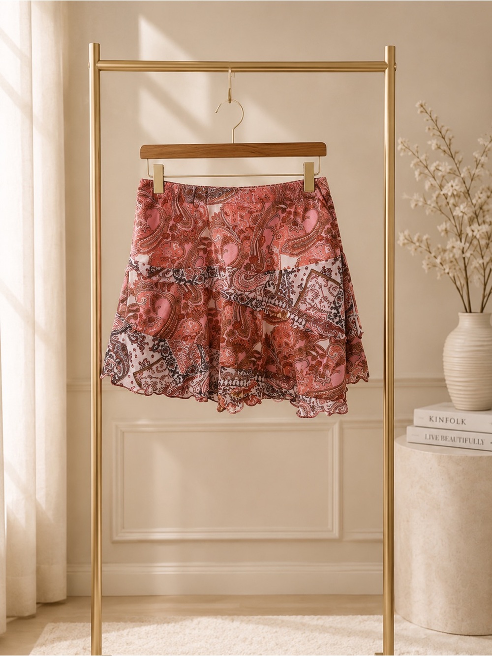 🔴 Pink Paisley Tiered Skater Mini Skirt